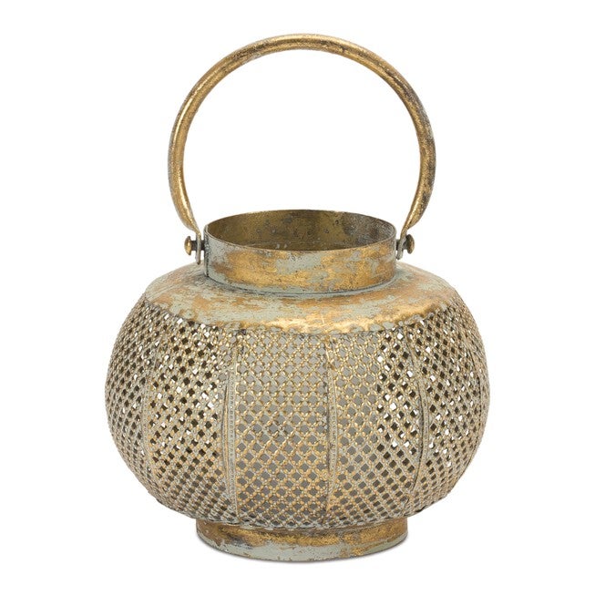 Distressed Punched Metal Lantern 7.5 inchesD, COPPER/GREEN, hi-res image number 0