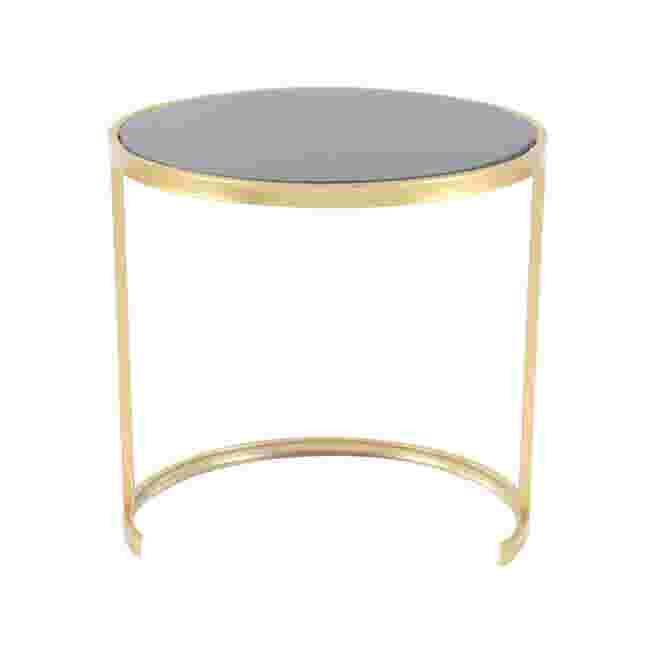 Gold metal accent table with a black top.
