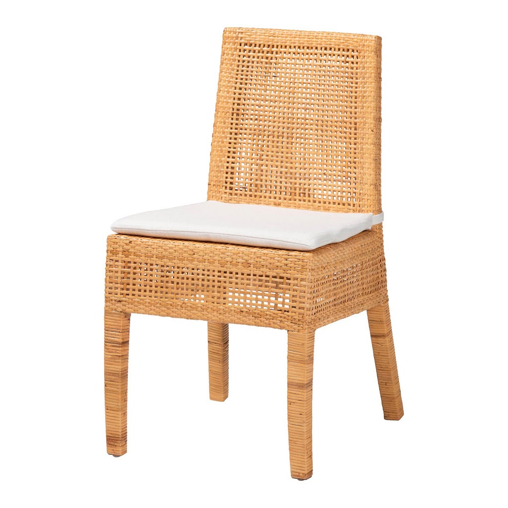 Close-up of the rattan dining chair with white cushion