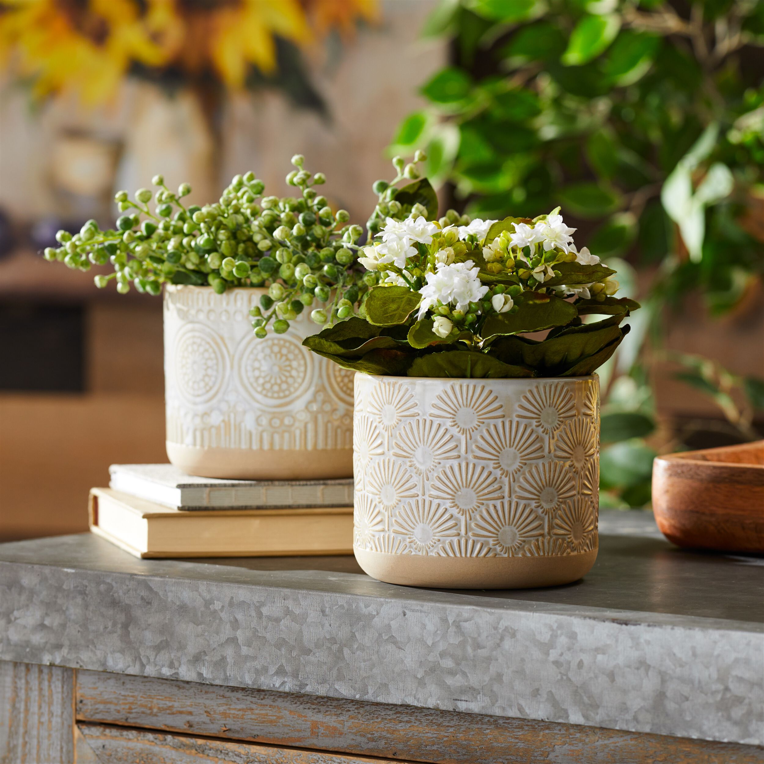 Porcelain Geometric Patterned Planter Set of 2, BEIGE, alternate image number 4