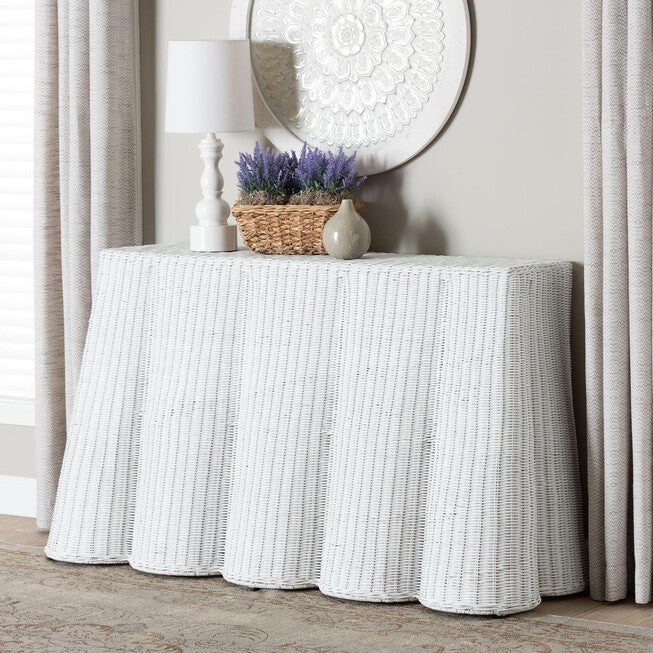 Palm Bohemian White Scallop Rattan Console Table, WHITE, hi-res image number null