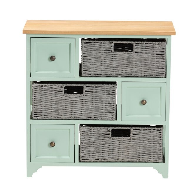 Valtina Modern And Contemporary Two-Tone Oak Brown And Mint Green Finished Wood 3-Drawer Storage Unit With Baskets, , alternate image number null