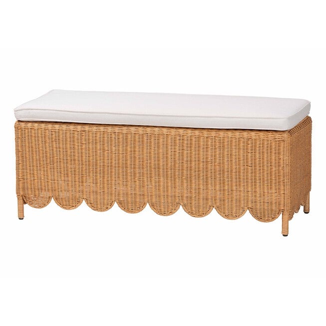 bali & pari Teresa Bohemian Light Honey Scalloped Rattan Ottoman Bench, LIGHT HONEY, alternate image number 1