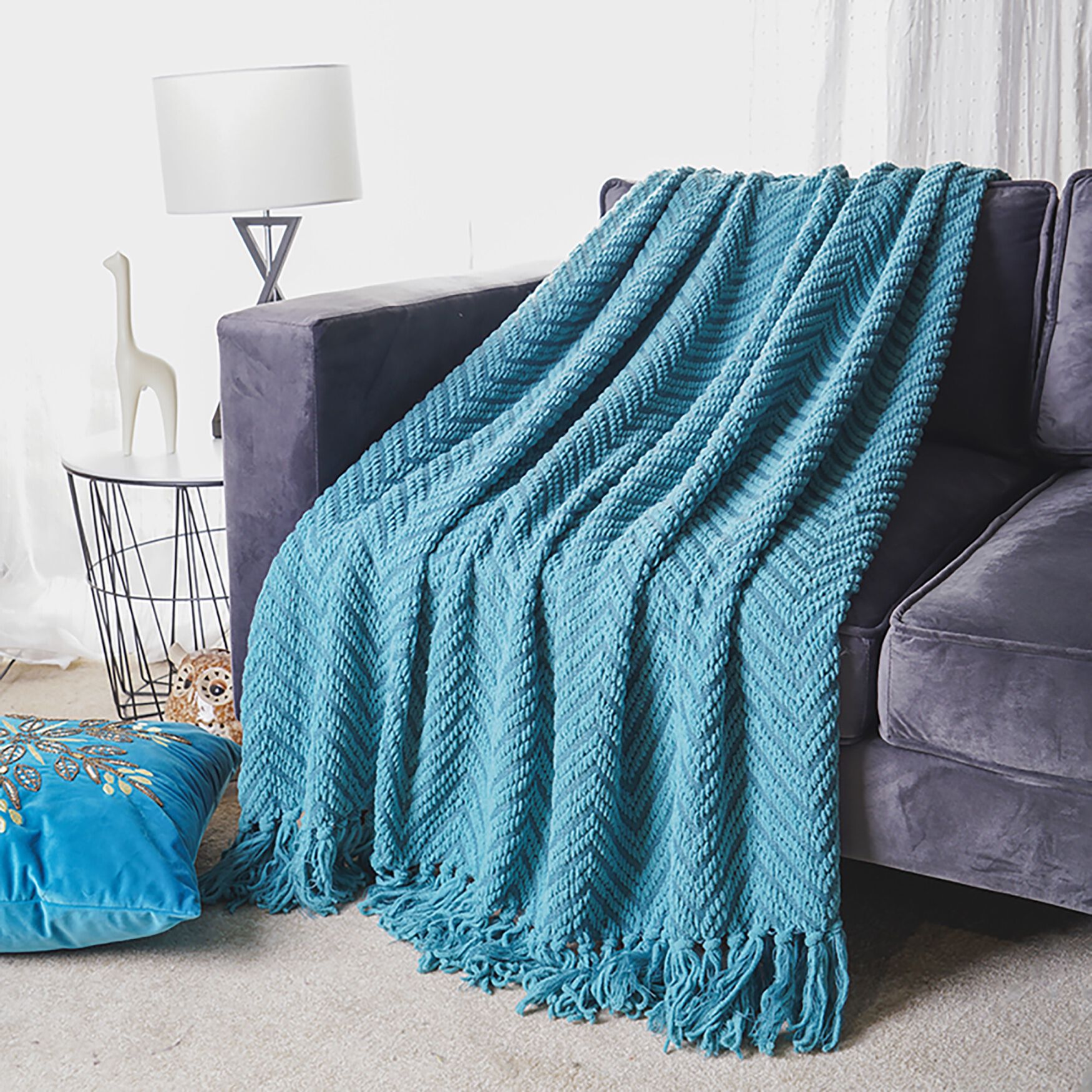 Battilo Home Boon Knitted Tweed Throw Couch Cover Blanket, TURQUOISE GREEN, hi-res image number 0