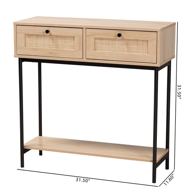 Sherwin Mid-Century Modern Light Brown And Black 2-Drawer Console Table With Woven Rattan Accent, , alternate image number 9