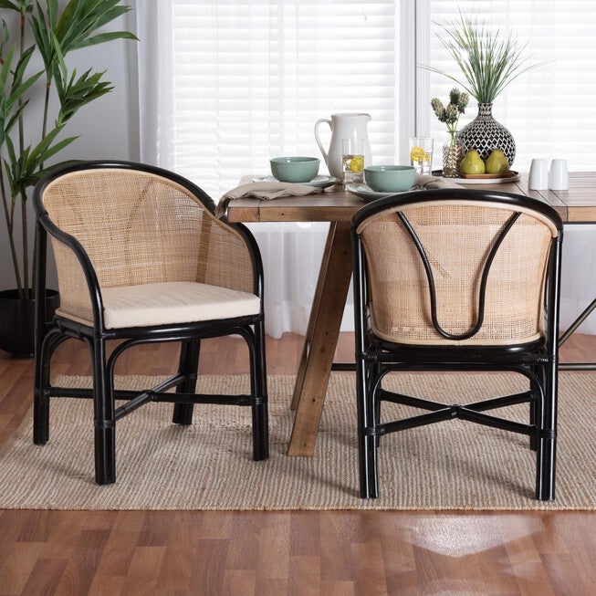 Miranda Modern Bohemian Two-Tone Black And Natural Brown Rattan 2-Piece Dining Chair Set, , alternate image number null