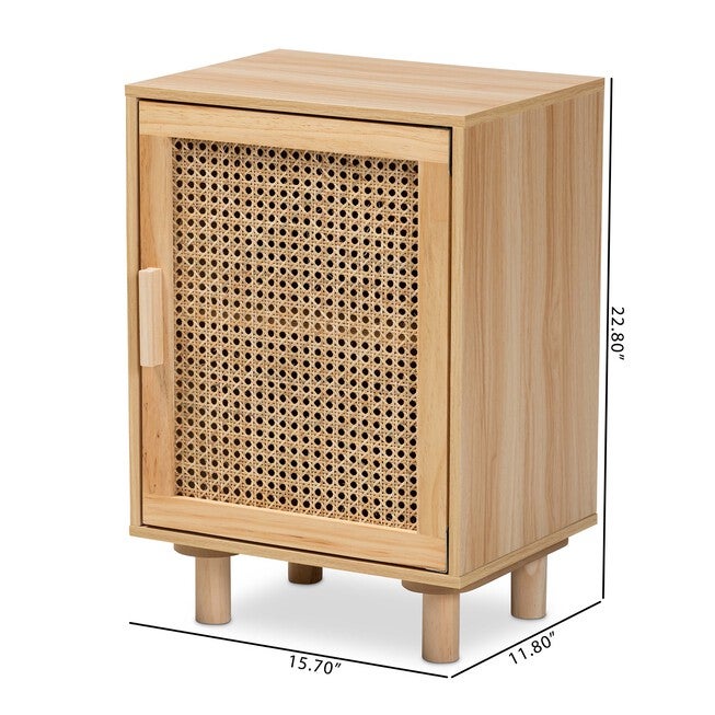 Maclean Mid-Century Modern Rattan And Natural Brown Finished Wood 1-Door Nightstand, , alternate image number null