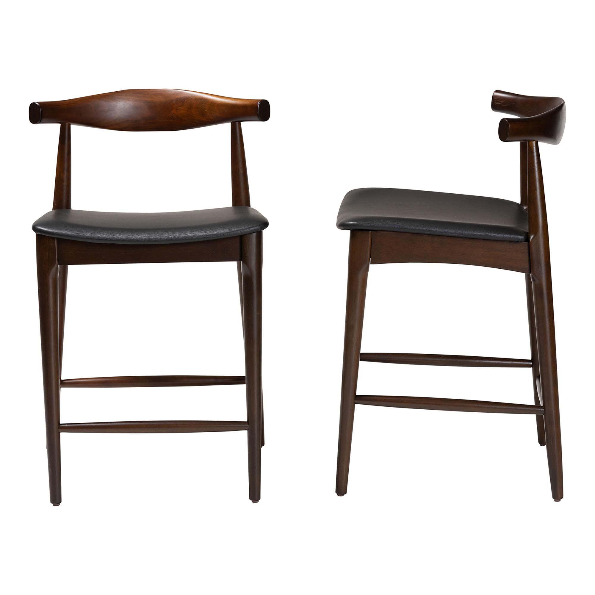 Eira Counter Stool Set of 2- Walnut Wood Frame Counter-height Chair with Curved Backrest and Black Faux Leather Seat, BLACK, alternate image number 3