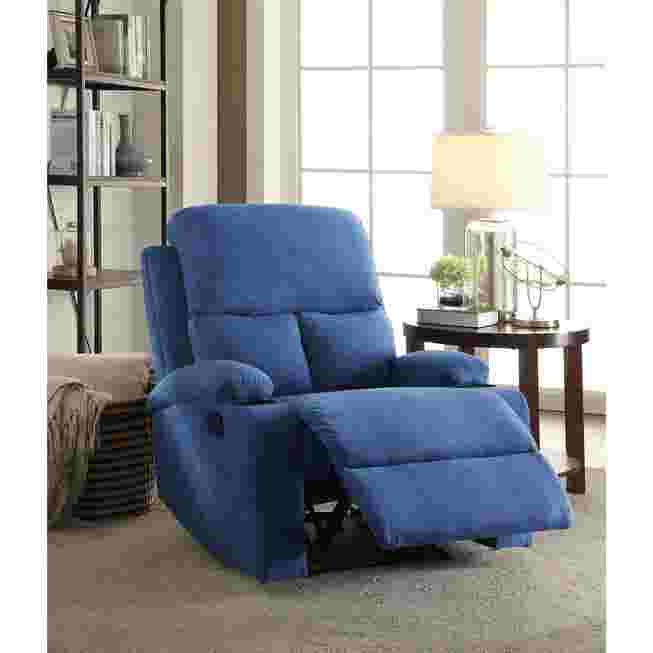 Blue recliner in living room with side table