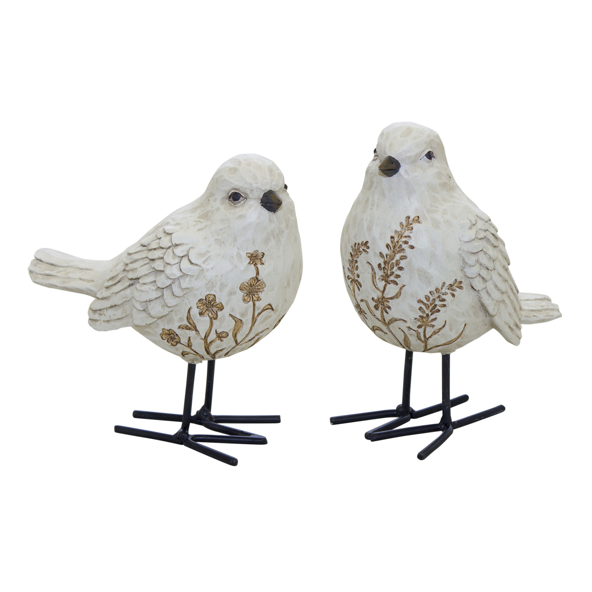Bird Figurine with Carved Floral Design Set of 2, WHITE BROWN BLACK, hi-res image number 0