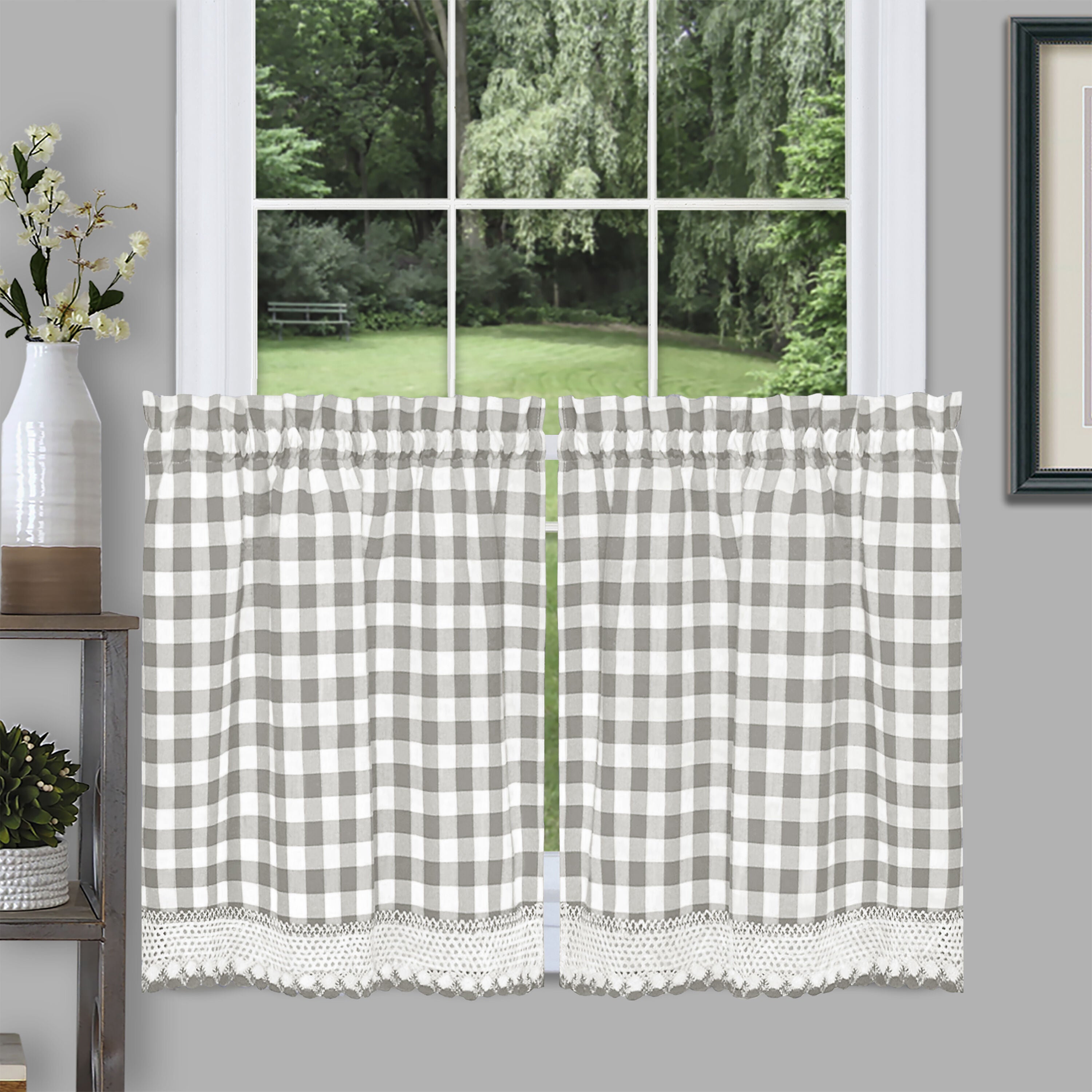 Buffalo Check Window Curtain Tier Pair, GREY, hi-res image number 0