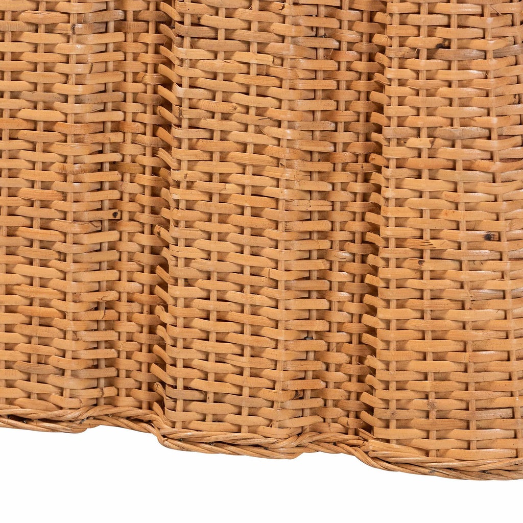Close-up of side rattan weave and braided corner trim on the end table