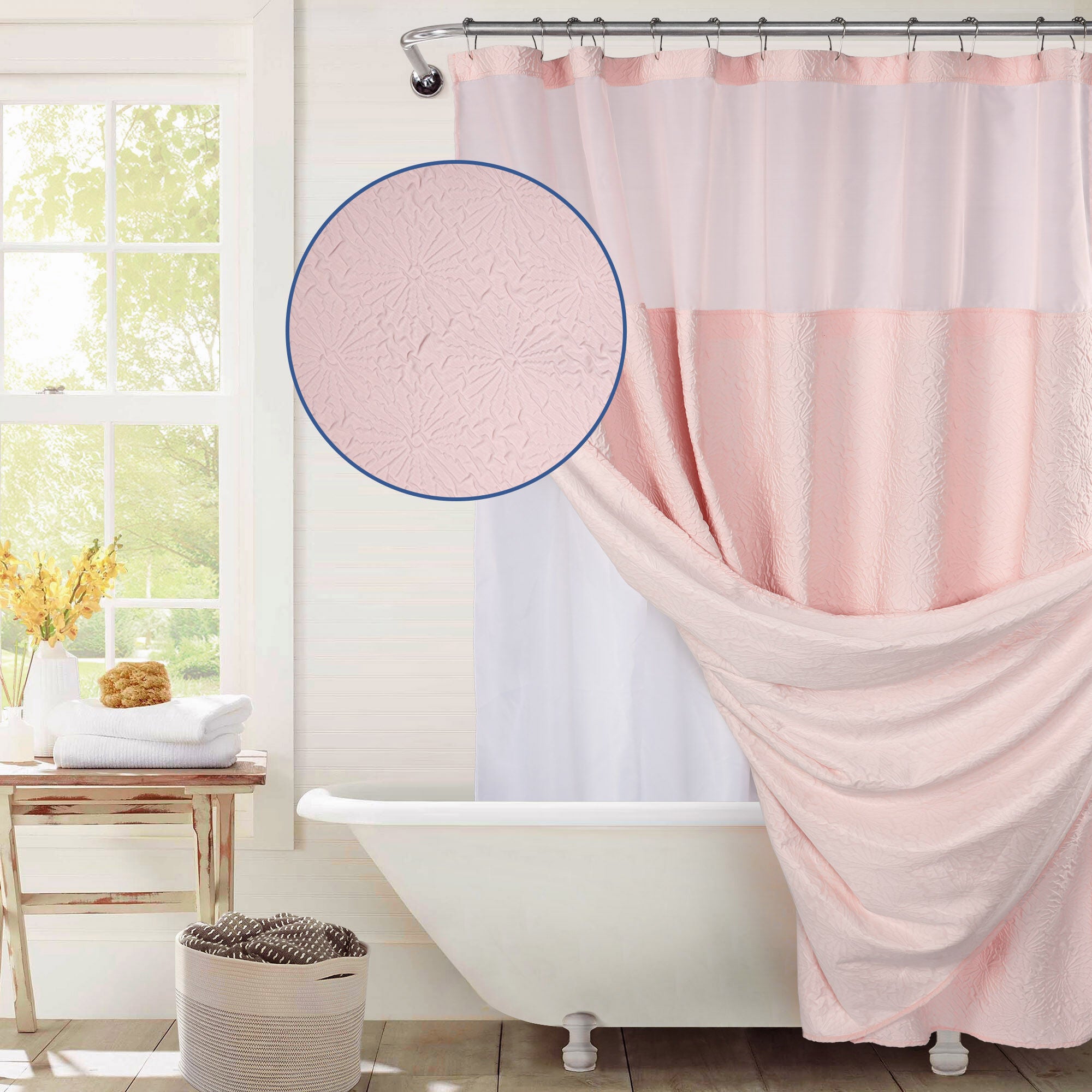 Starburst Crinkle Shower Curtain with Snap-in Liner, Hooks Included, BLUSH, hi-res image number 0