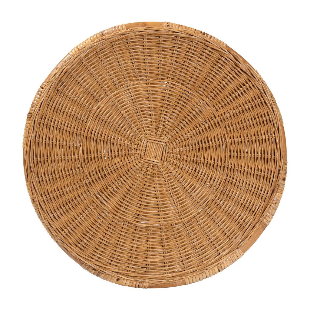 Top view of natural rattan round end table with concentric woven pattern