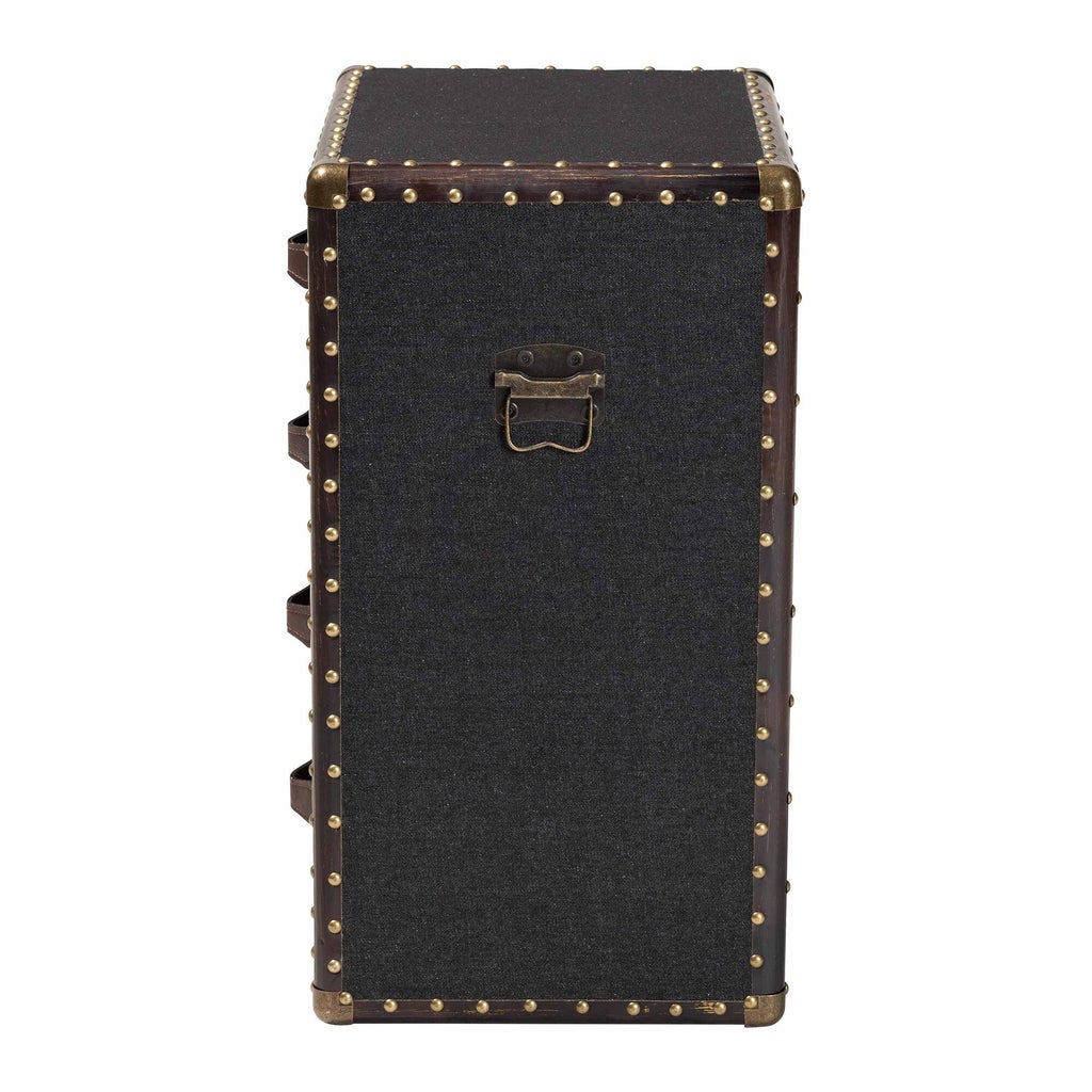 Side/back view of the black 4-drawer chest showing studded edges