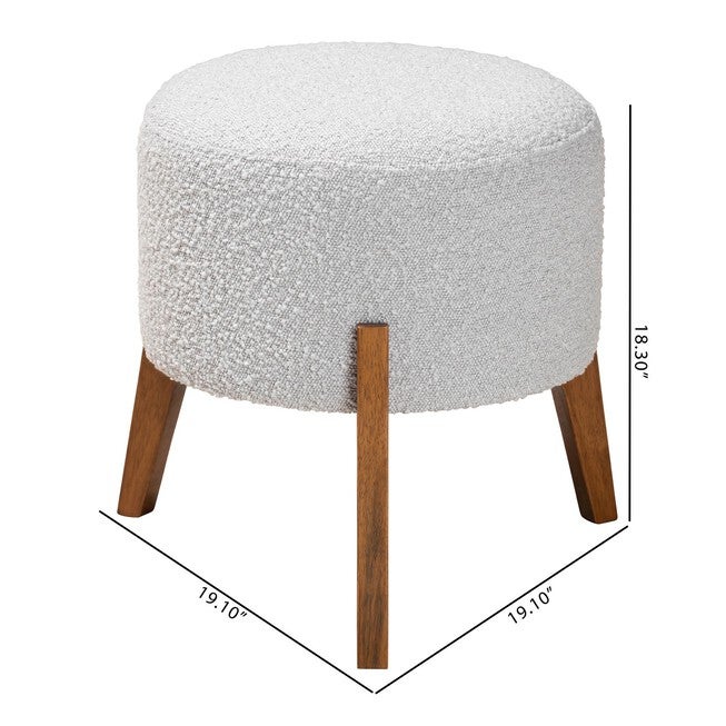 Elkie Japandi Cream Boucle Fabric And Walnut Brown Finished Wood Ottoman Footstool, , alternate image number null