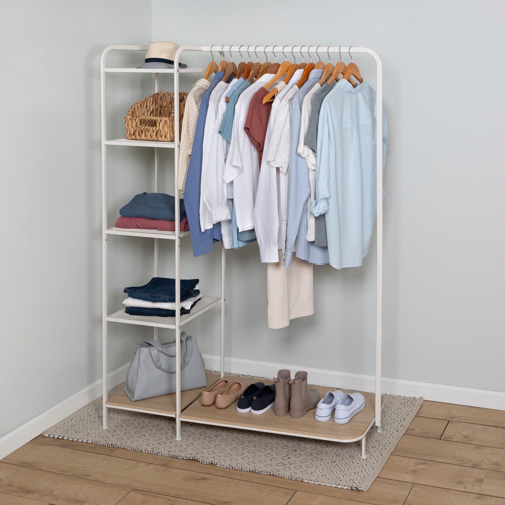 Freestanding Clothing Rack With Shelves, WHITE, hi-res image number 0