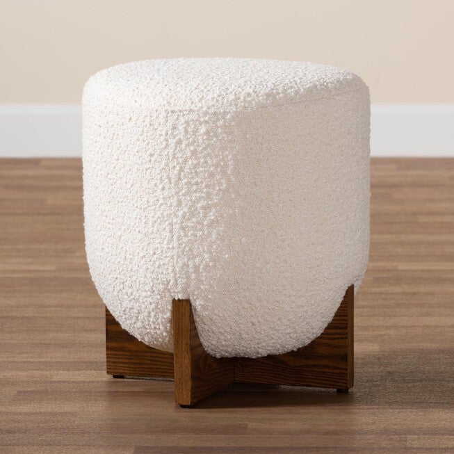 Fisk Japandi Cream Boucle Fabric And Walnut Brown Finished Wood Ottoman Footstool, , alternate image number null