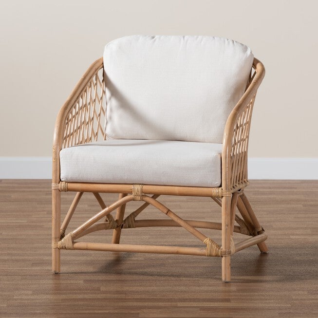 Patsy Modern Bohemian White Fabric And Natural Brown Rattan Armchair, , alternate image number 8