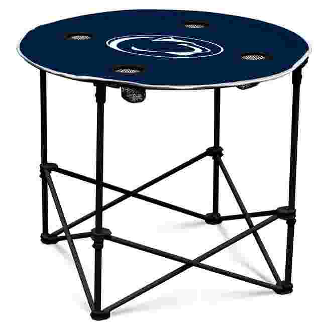 A round, navy blue tailgate table with a Penn State logo in the center and black folding legs.