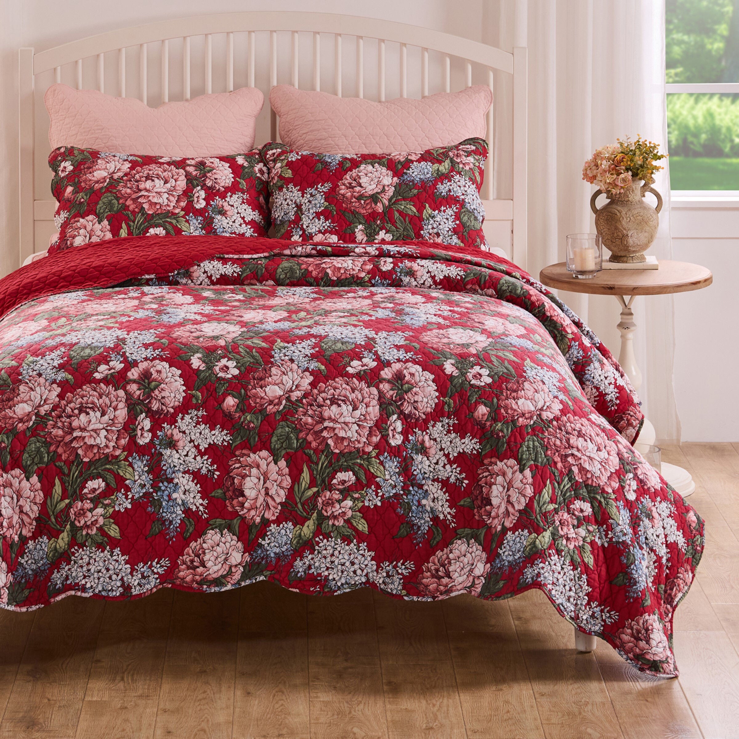 Greenland Home Fashions Millie Finely Stitched Floral Quilt Set, 3-Piece King/Cal King, Garnet, GARNET, hi-res image number 0