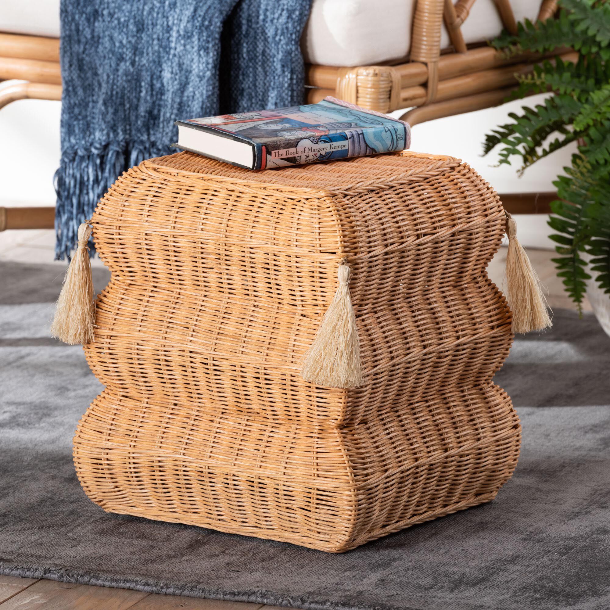 Noura Natural Rattan Footstool with Tassel Accents, HONEY, hi-res image number 0