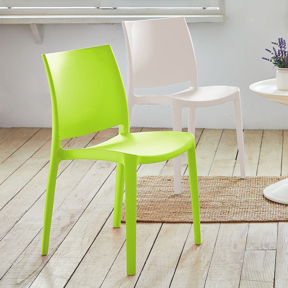 Lime green outdoor dining chair with molded back and seat