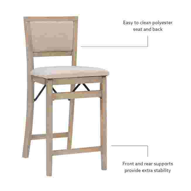 Grey wash folding counter stool with text highlighting features