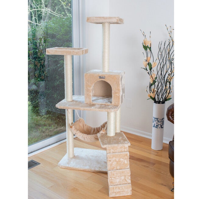 Gleepet 57 inches Real Wood Cat Tree With Perches, Running Ramp, Condo And Hammock, , on-hover image number 1