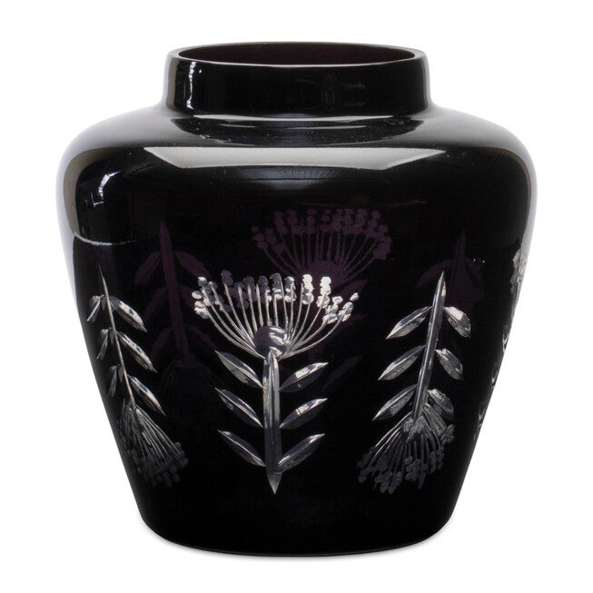 Etched Soda Lime Glass Urn Vase 6.5 inchesD, BLACK, hi-res image number 0