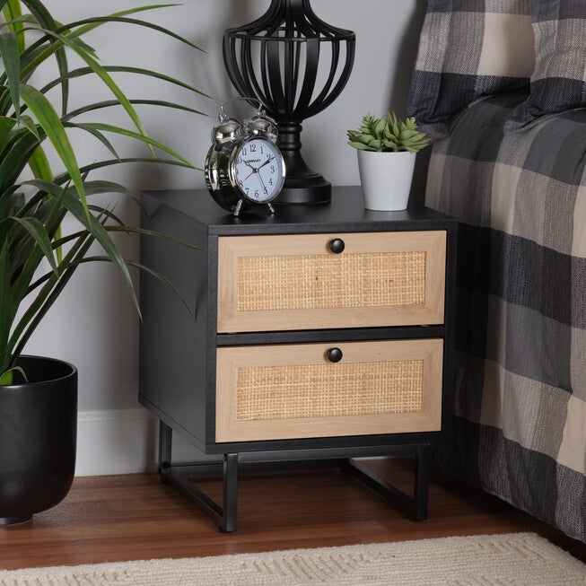 Declan Mid-Century Modern Espresso Brown Finished Wood And Natural Rattan 2-Drawer Nightstand, , alternate image number null