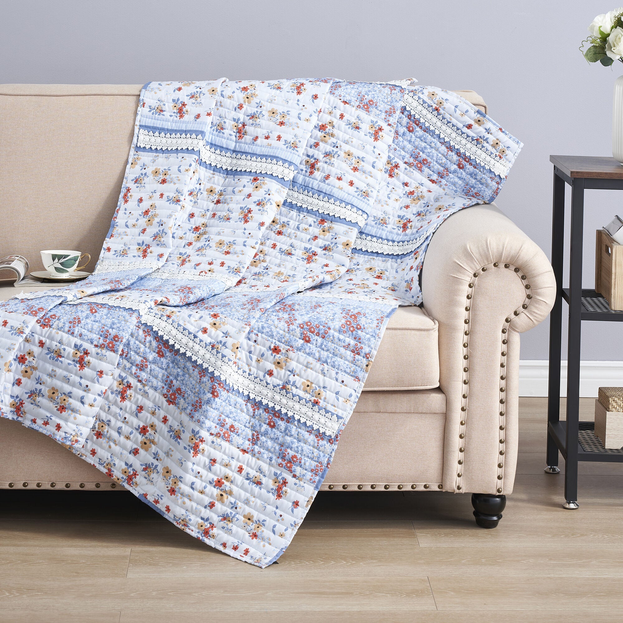 Betty Floral Quilted Throw Blanket, WHITE, hi-res image number 0