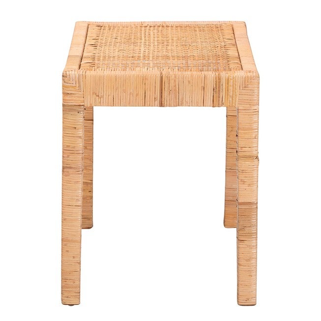 Abelia Modern Bohemian Natural Rattan And Mahogany Wood Short Accent Bench, , alternate image number null
