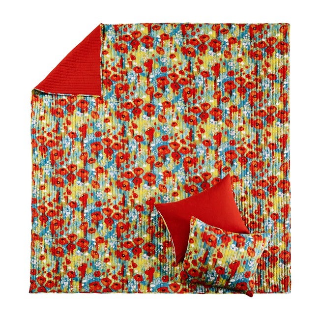 Poppies Modern Boho Floral Finely Stitched Quilt Set, RED, alternate image number 1