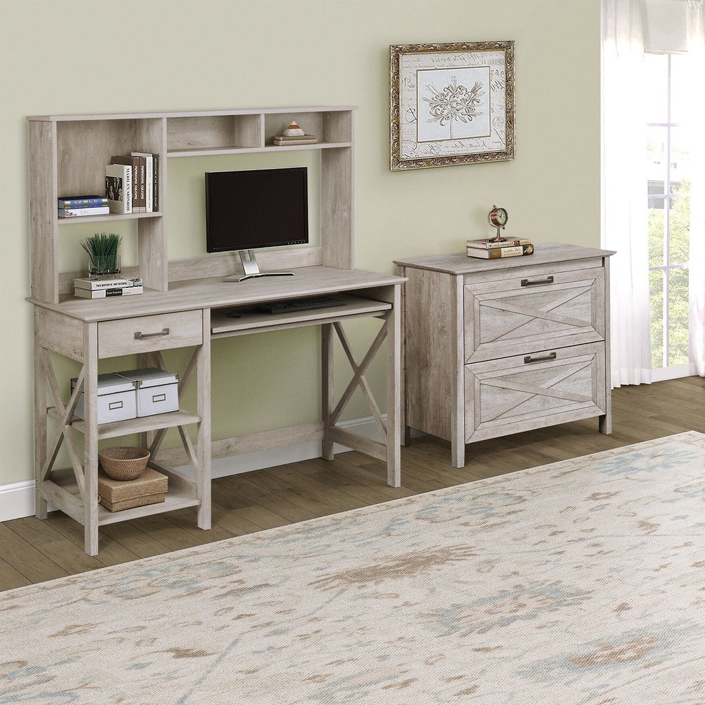 Desktop setup with Honduras desk and matching hutch in a room