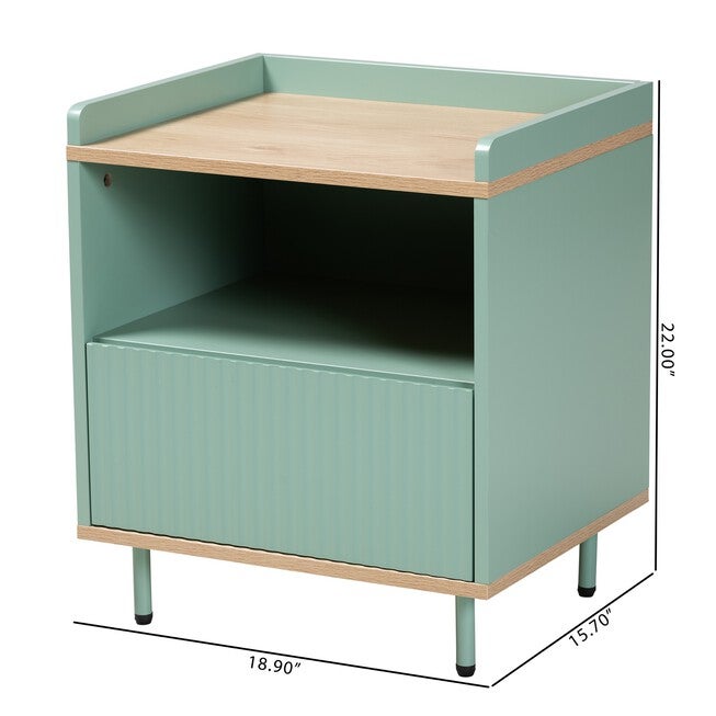 Tavita Mid-Century Modern Two-Tone Mint Green And Oak Brown Finished Wood 1-Drawer End Table, , alternate image number null