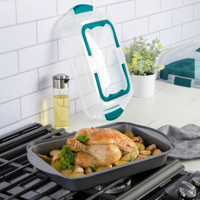 Roasting Pan with Carrying Lid, TEAL, hi-res image number null