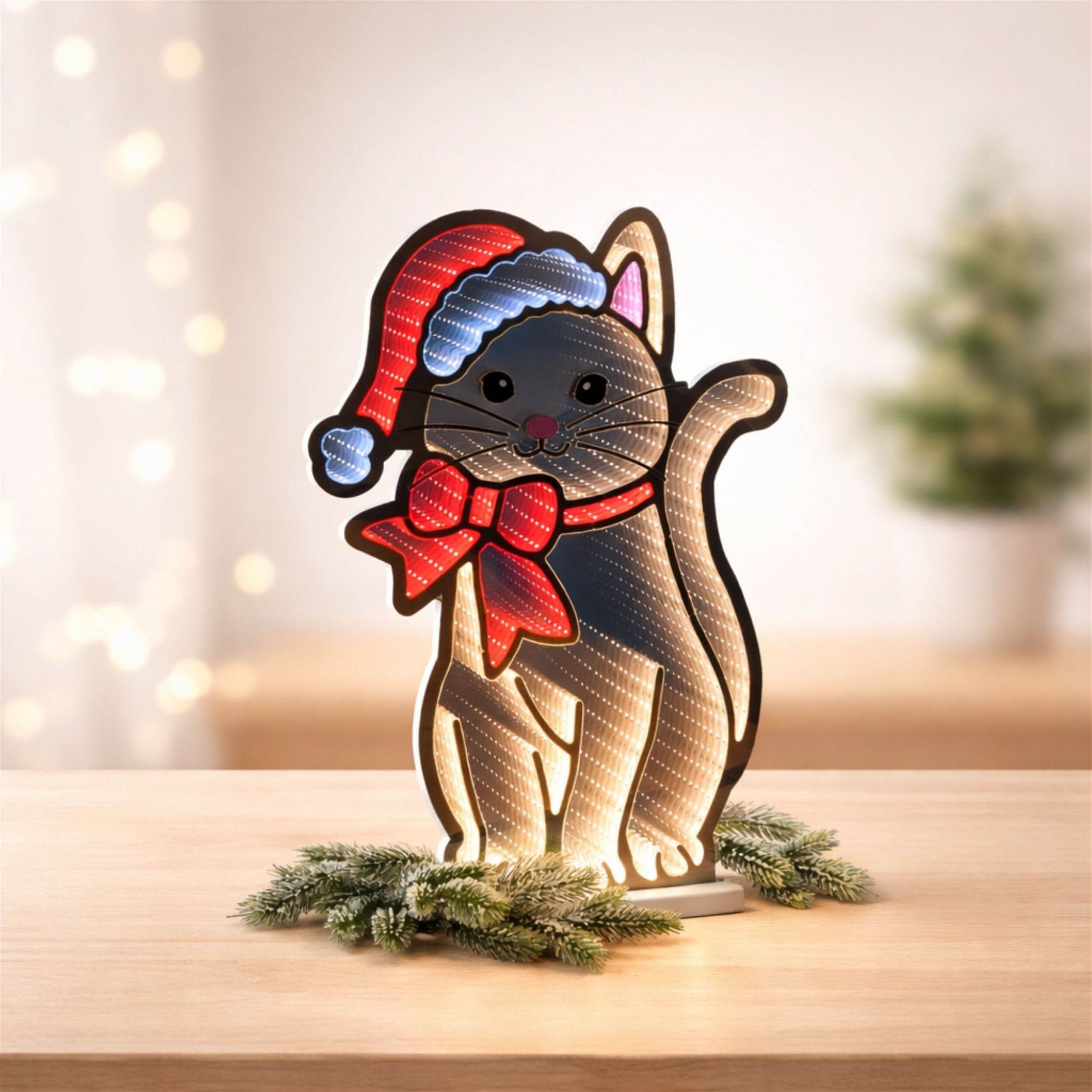 Cat with Santa Hat and Bow Ekkolight 23.5 inchesH, BEIGE RED PINK, alternate image number 1
