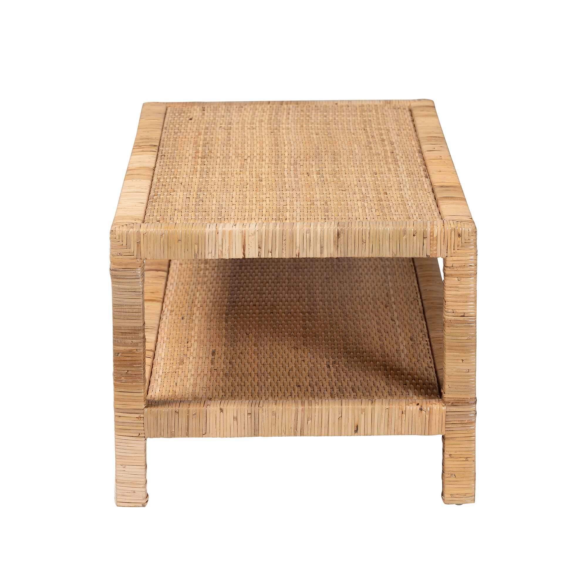 Kalimantan Bohemian Light Honey Rattan and Mahogany Wood Rectangle Coffee Table, HONEY, alternate image number 3