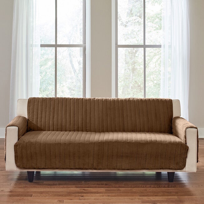 Extra-Long Reversible Plush Stripe Furniture Protector, CHOCOLATE, hi-res image number 0