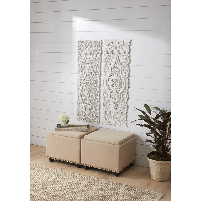 Set Of 2 White Mango Wood Farmhouse Abstract Wall Décor, , on-hover image number 1
