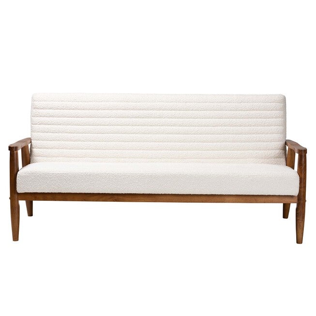 Stratton Mid-Century Modern Cream Boucle Fabric And Walnut Brown Finished Wood Sofa, , on-hover image number 1