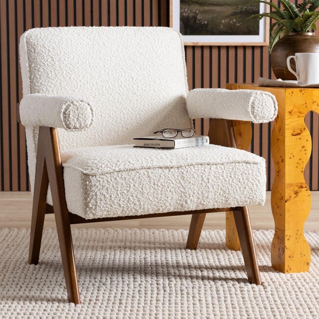 Georgina Japandi Cream Boucle and Walnut Brown Wood Accent Chair, CREAM, hi-res image number null