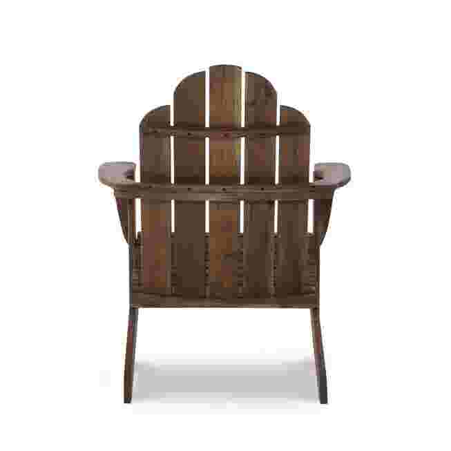Back view of a wooden Adirondack chair.