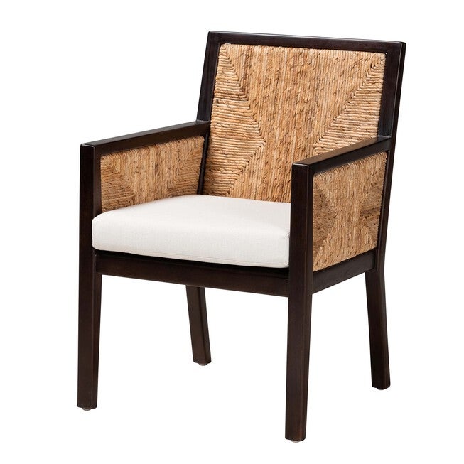 Joana Modern Bohemian Dark Brown Mahogany Wood And Natural Seagrass Dining Arm Chair, DARK BROWN, hi-res image number 0