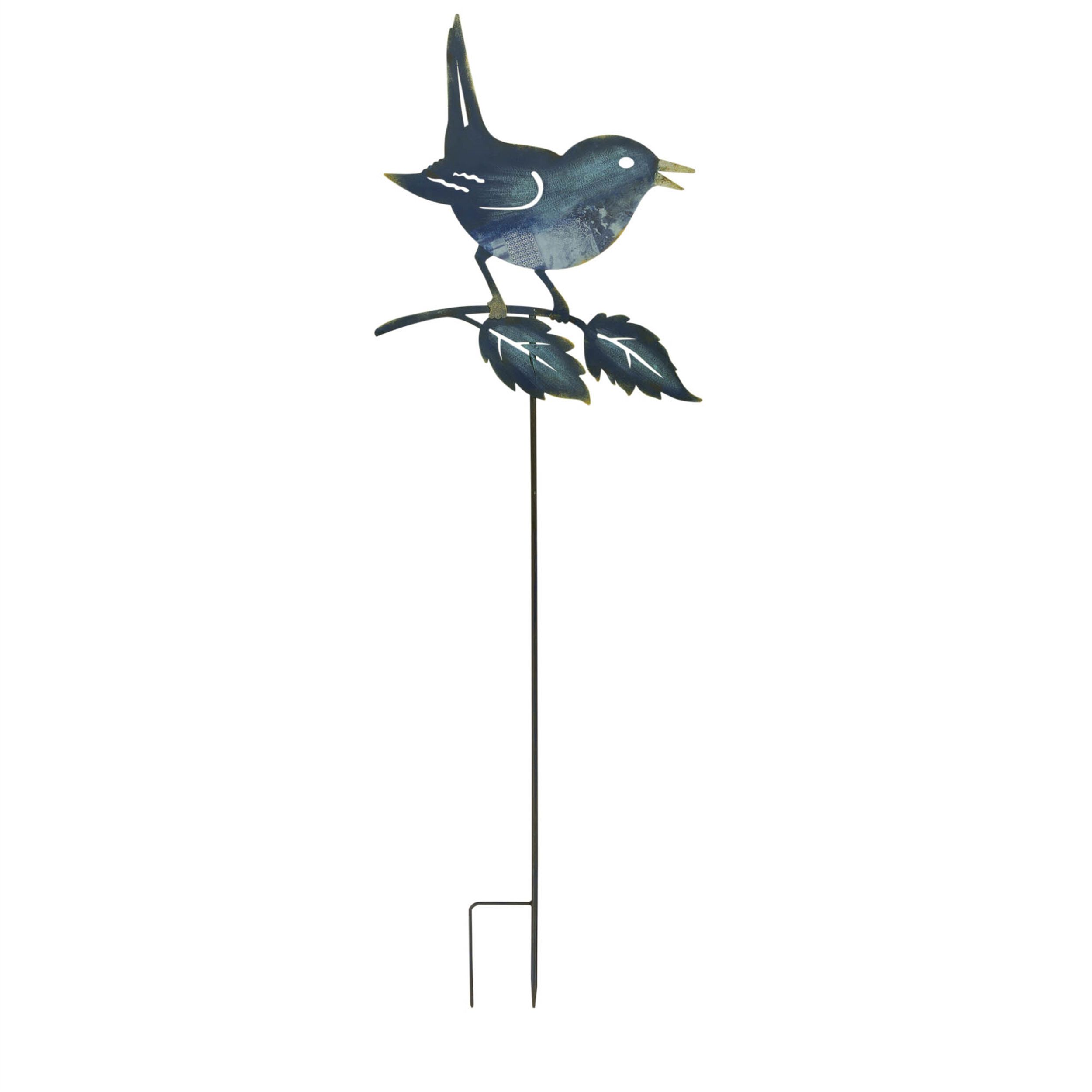 Iron Metal Cut Out Bird and Flower Garden Stake Set of 2, BLUE GOLD, alternate image number 1