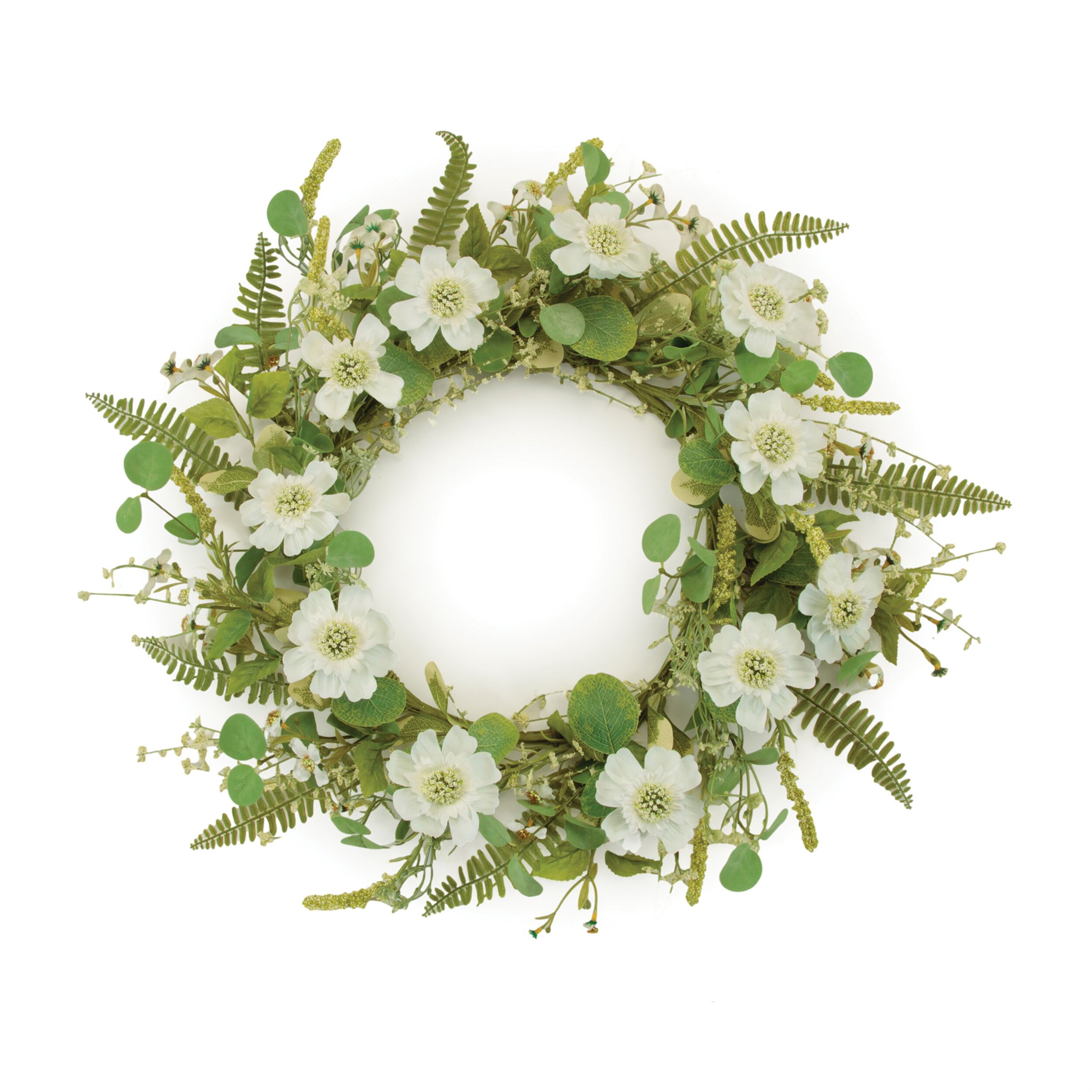 Mixed Pincushion Floral Wreath 22IND, WHITE GREEN, hi-res image number 0