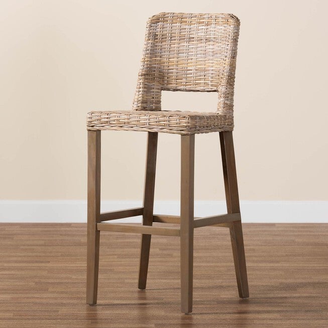 Magy Modern Bohemian Grey Kubu Rattan And Mahogany Wood Bar Stool, , alternate image number null