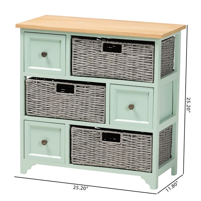 Valtina Modern And Contemporary Two-Tone Oak Brown And Mint Green Finished Wood 3-Drawer Storage Unit With Baskets, , alternate image number null