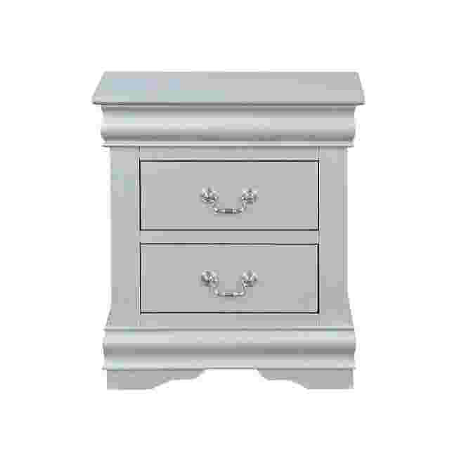 Gray nightstand with two drawers and decorative trim